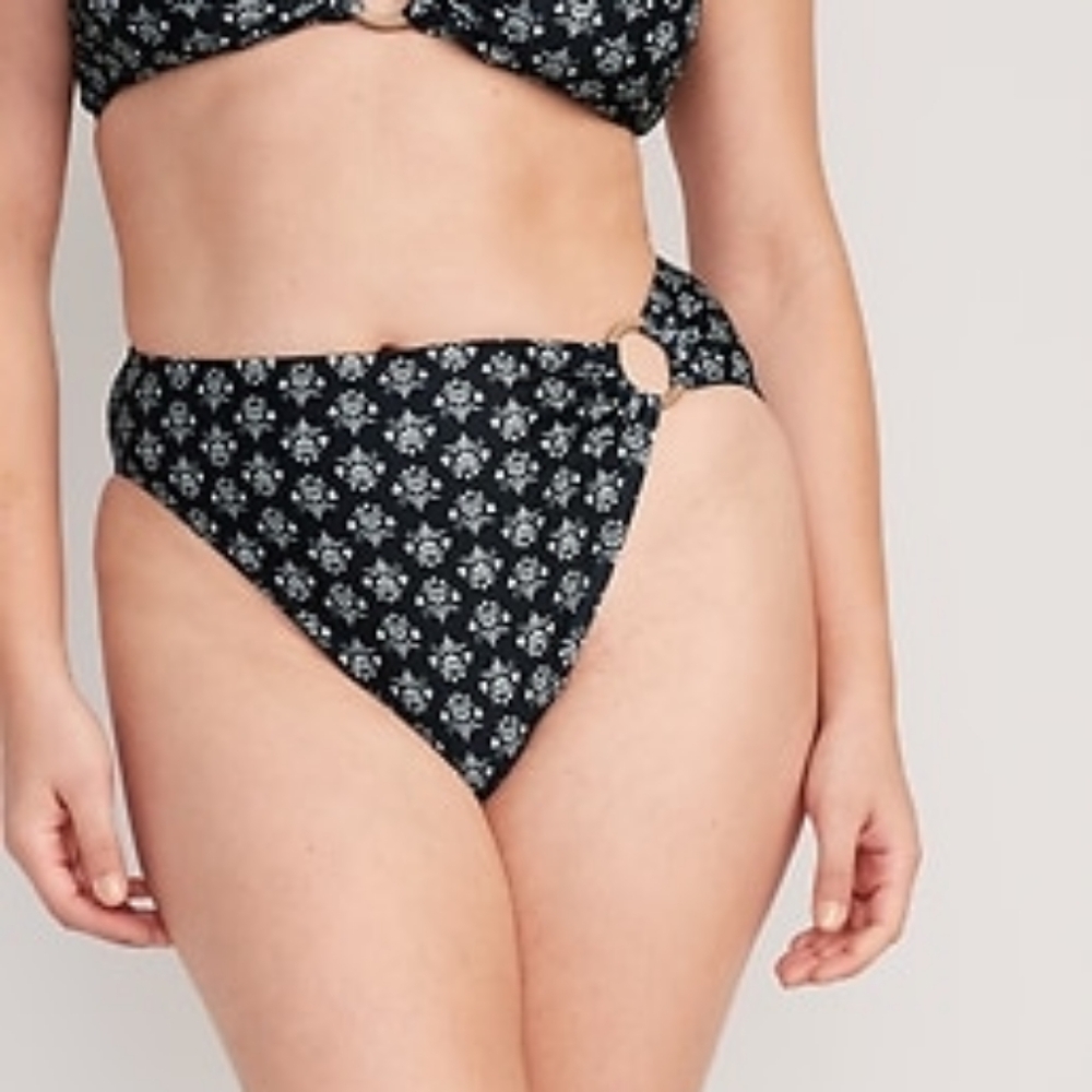 Mid-Rise Floral Black White O-Ring French-Cut Bikini OLD Navy Swim Bottoms NWT